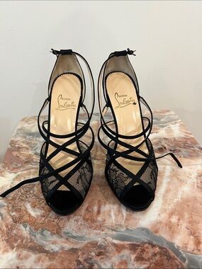 Christian Louboutin Black Lace Strappy Stiletto Sandals